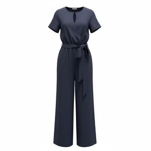 Lane‎ Bryant Navy Blue Wide Leg Jumpsuit Short Sleeve Belted Size 14 Career Chic